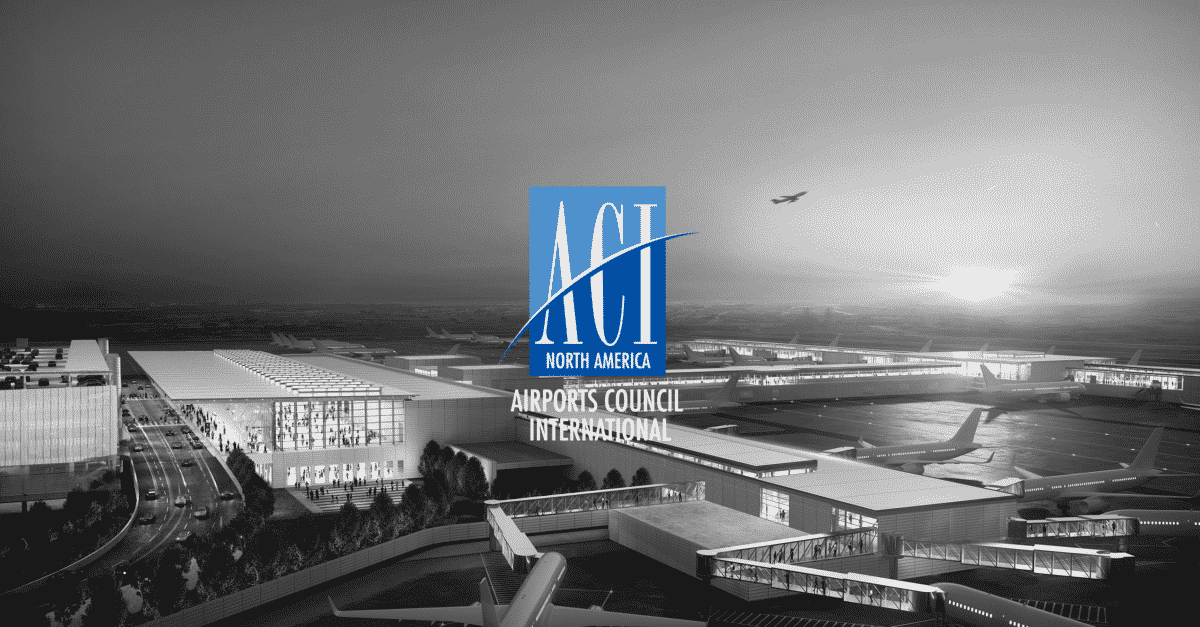 A black-and-white photo of an airport overlaid with the ACI-NA logo.